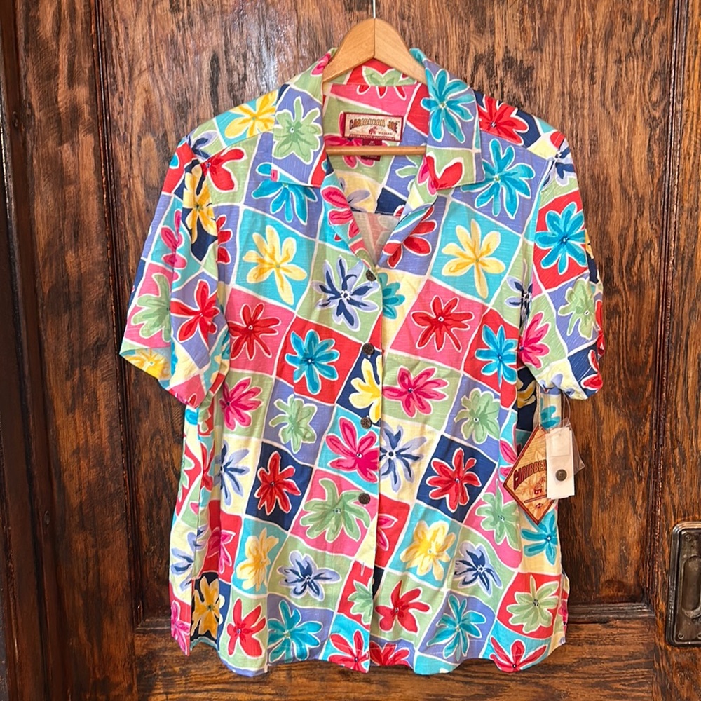 Caribbean how woman’s Hawaii button down short sleeve blouse rayon top 1x